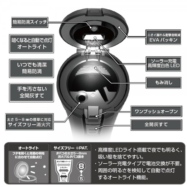 日本 SEIKO 汽車用車內太陽能LED大容量黑色煙灰缸杯型