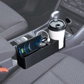 日本 SEIWA 汽車用碳纖紋USB充電椅邊雜物架收納架杯座杯架